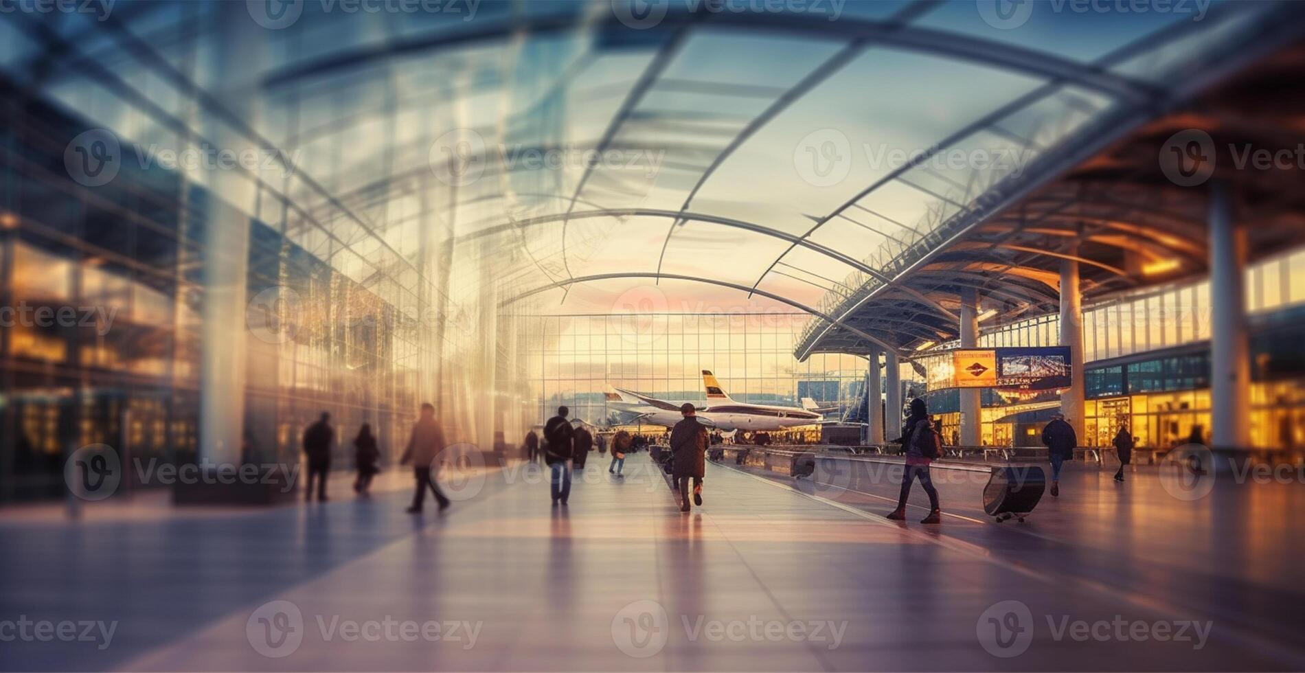 aeroporto costruzione, internazionale terminale, affrettandosi persone per terra, sfocato sfondo - ai generato Immagine foto