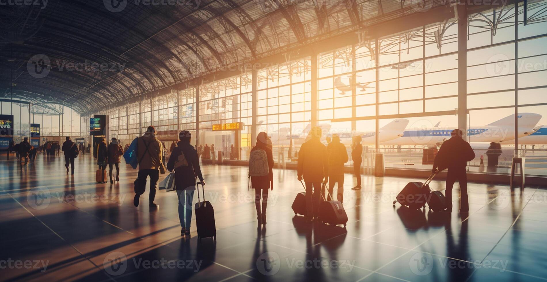 aeroporto costruzione, internazionale terminale, affrettandosi persone per terra, sfocato sfondo - ai generato Immagine foto