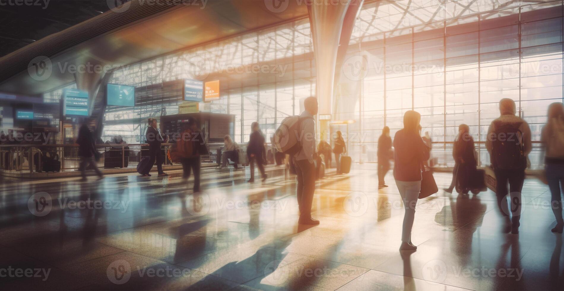 aeroporto costruzione, internazionale terminale, affrettandosi persone per terra, sfocato sfondo - ai generato Immagine foto