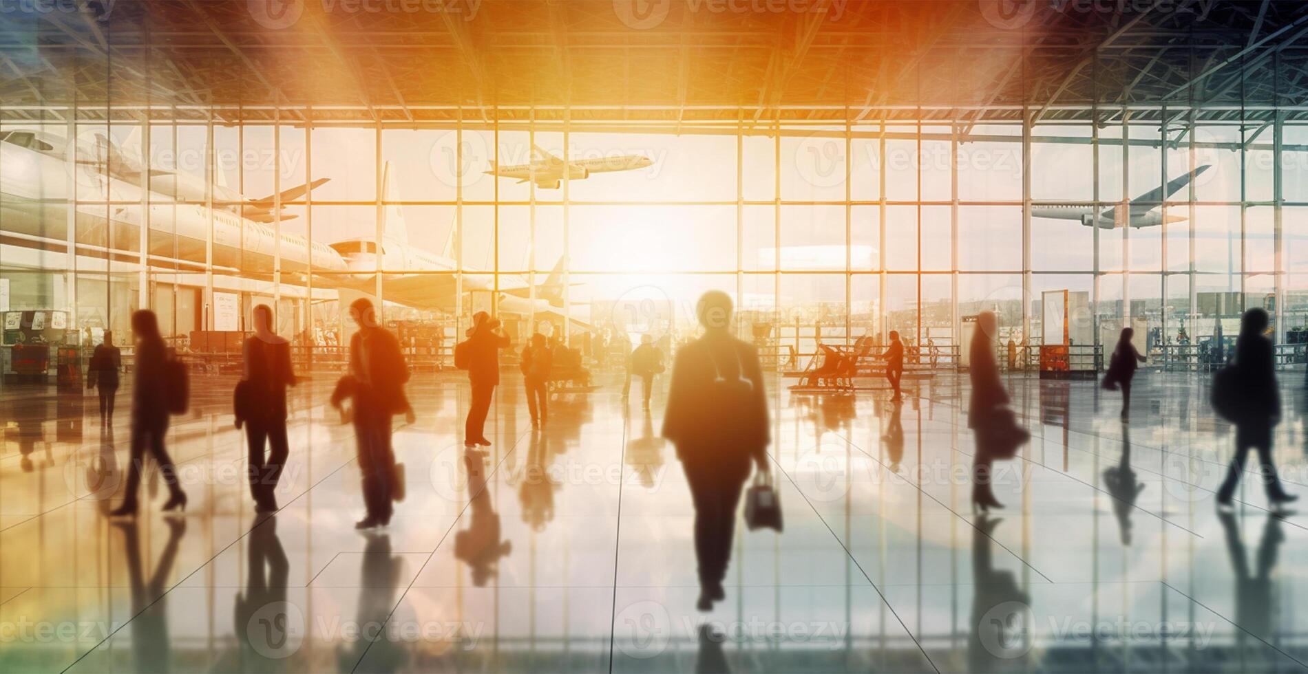 aeroporto costruzione, internazionale terminale, affrettandosi persone per terra, sfocato sfondo - ai generato Immagine foto