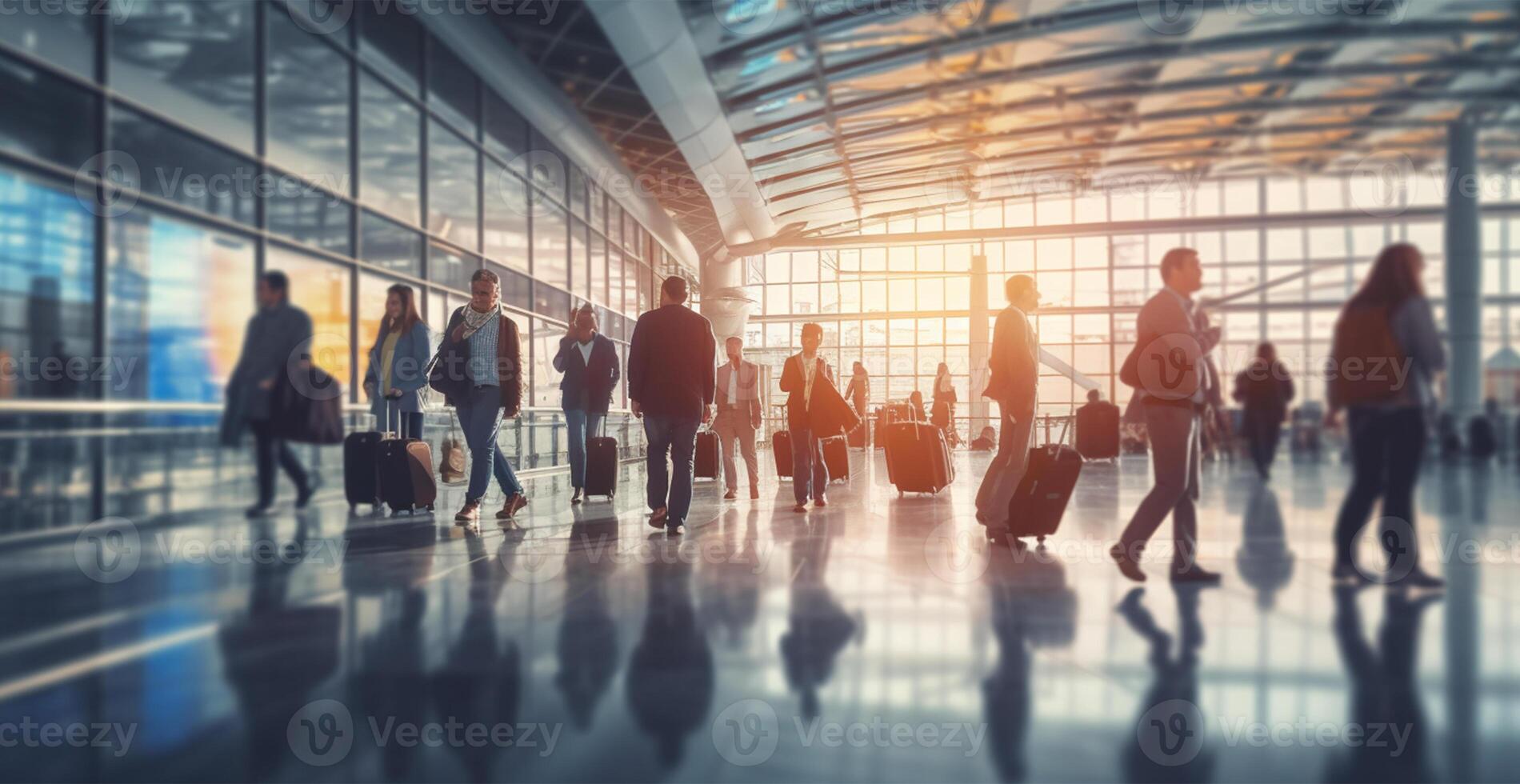 aeroporto costruzione, internazionale terminale, affrettandosi persone per terra, sfocato sfondo - ai generato Immagine foto