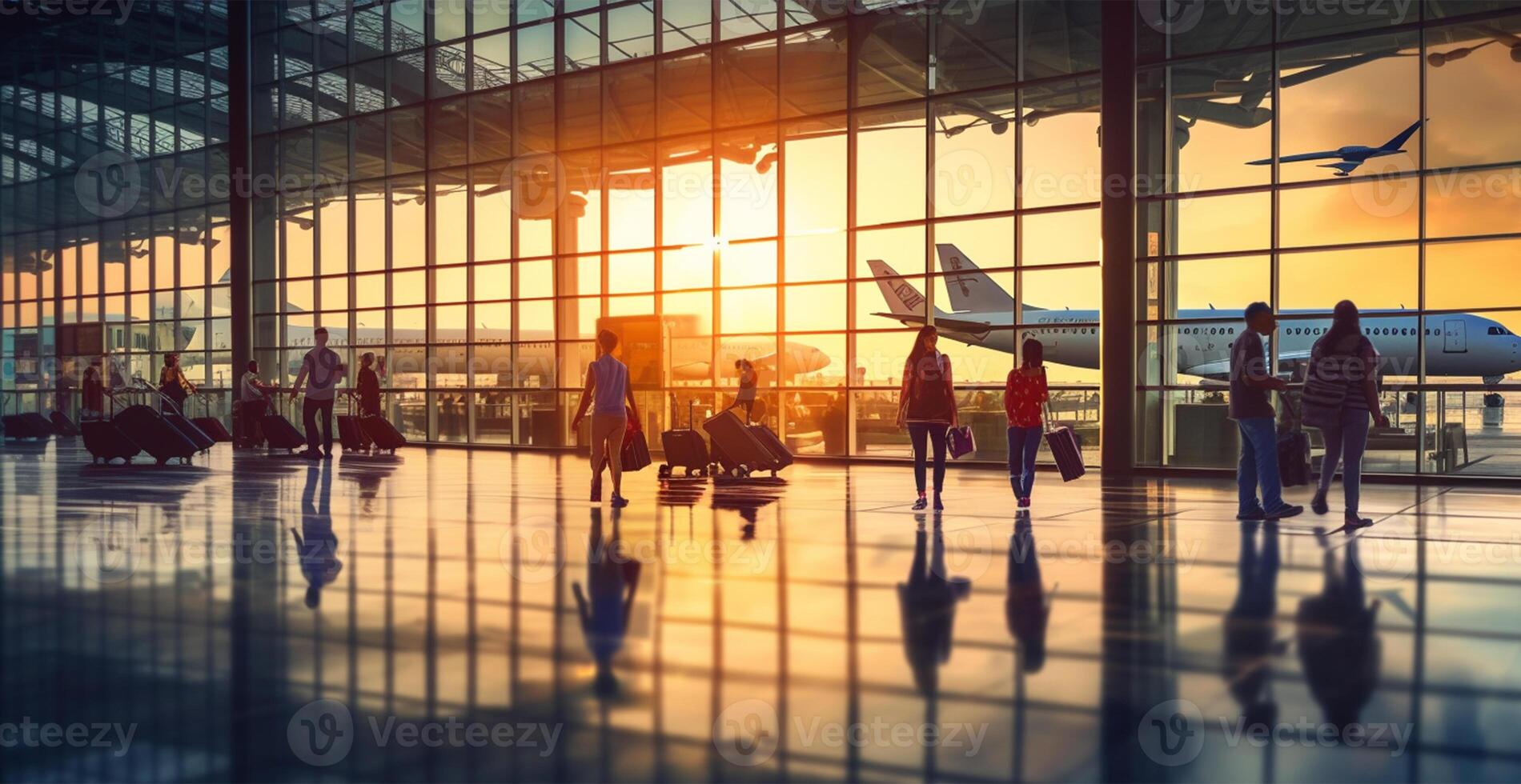 aeroporto costruzione, internazionale terminale, affrettandosi persone per terra, sfocato sfondo - ai generato Immagine foto