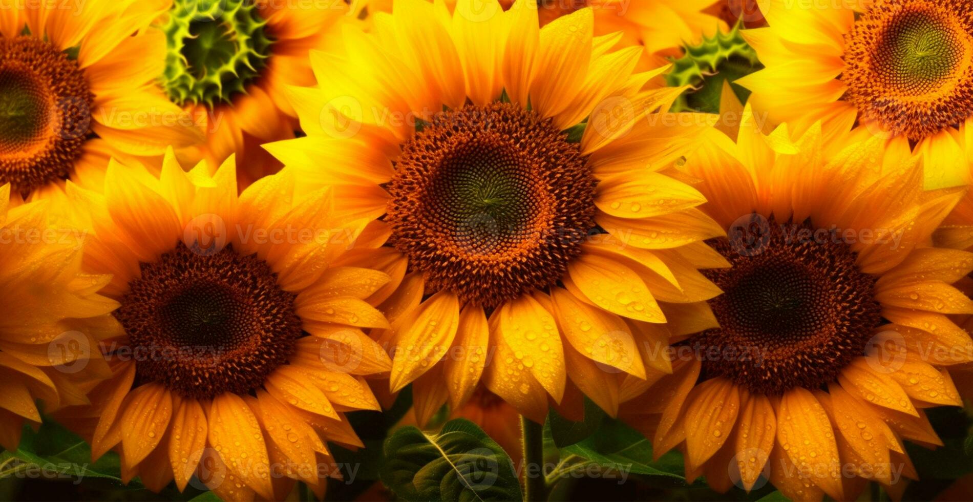 campo di girasoli nel fioritura, caldo soleggiato estate, macro tiro - ai generato Immagine foto