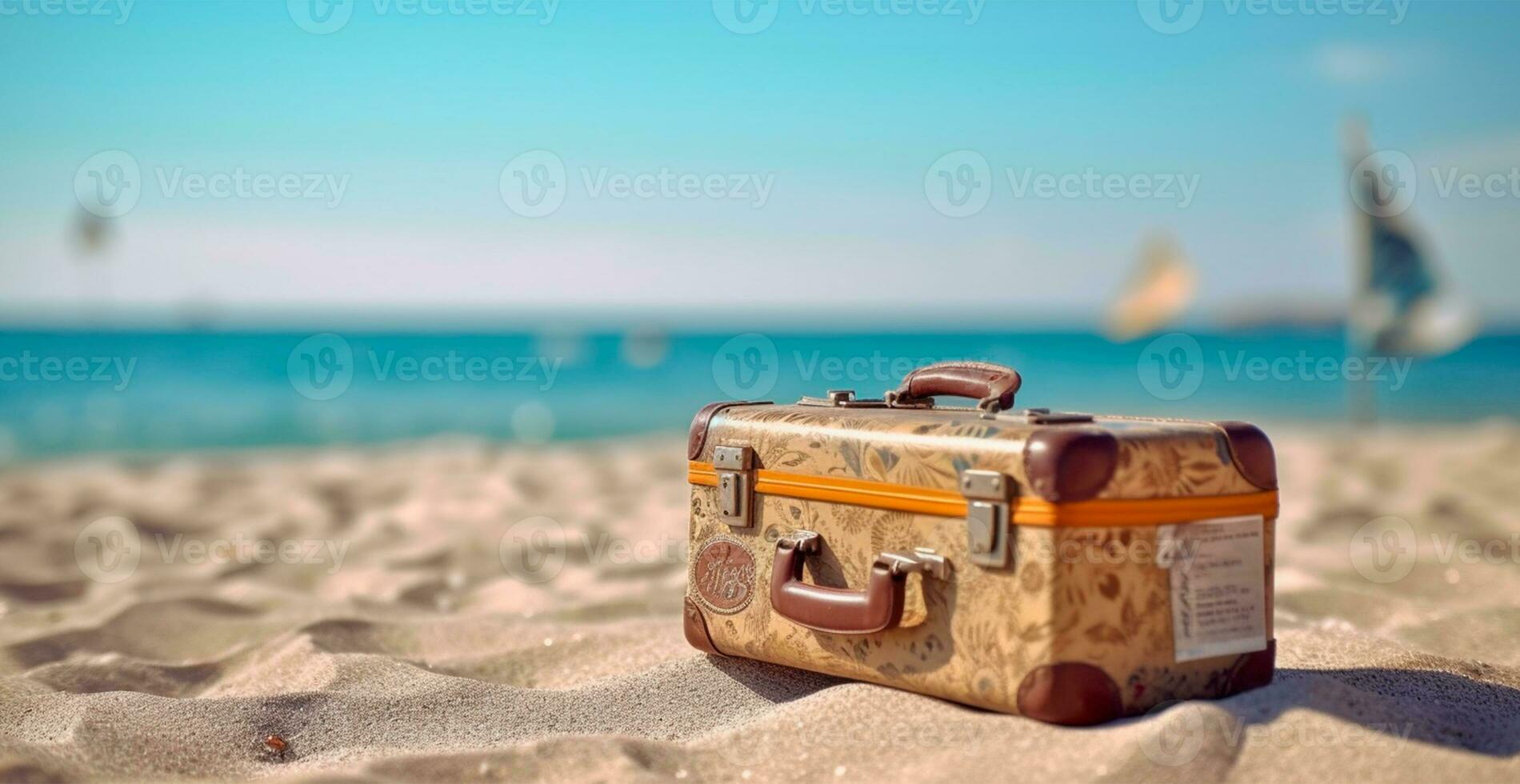 estate viaggio e turismo, luminosa valigia su un' bellissimo sabbioso spiaggia. vacanza viaggio - ai generato Immagine foto