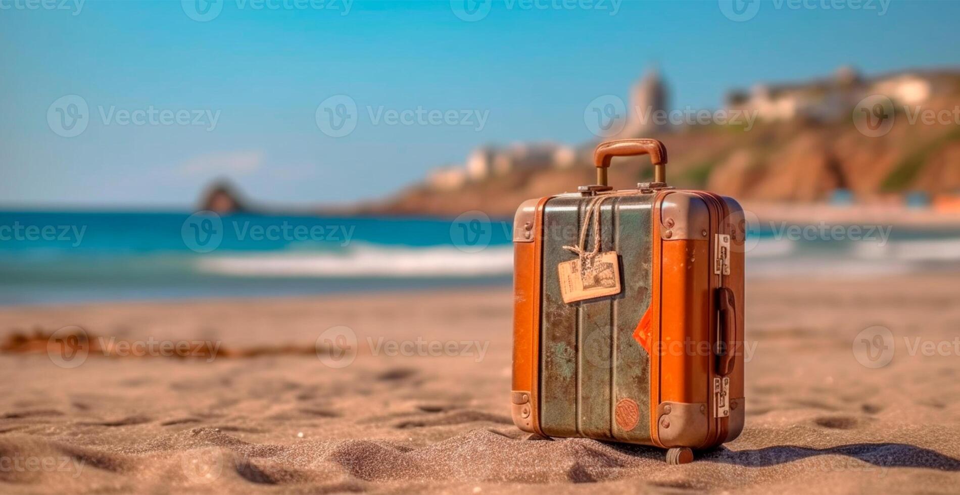 estate viaggio e turismo, luminosa valigia su un' bellissimo sabbioso spiaggia. vacanza viaggio - ai generato Immagine foto