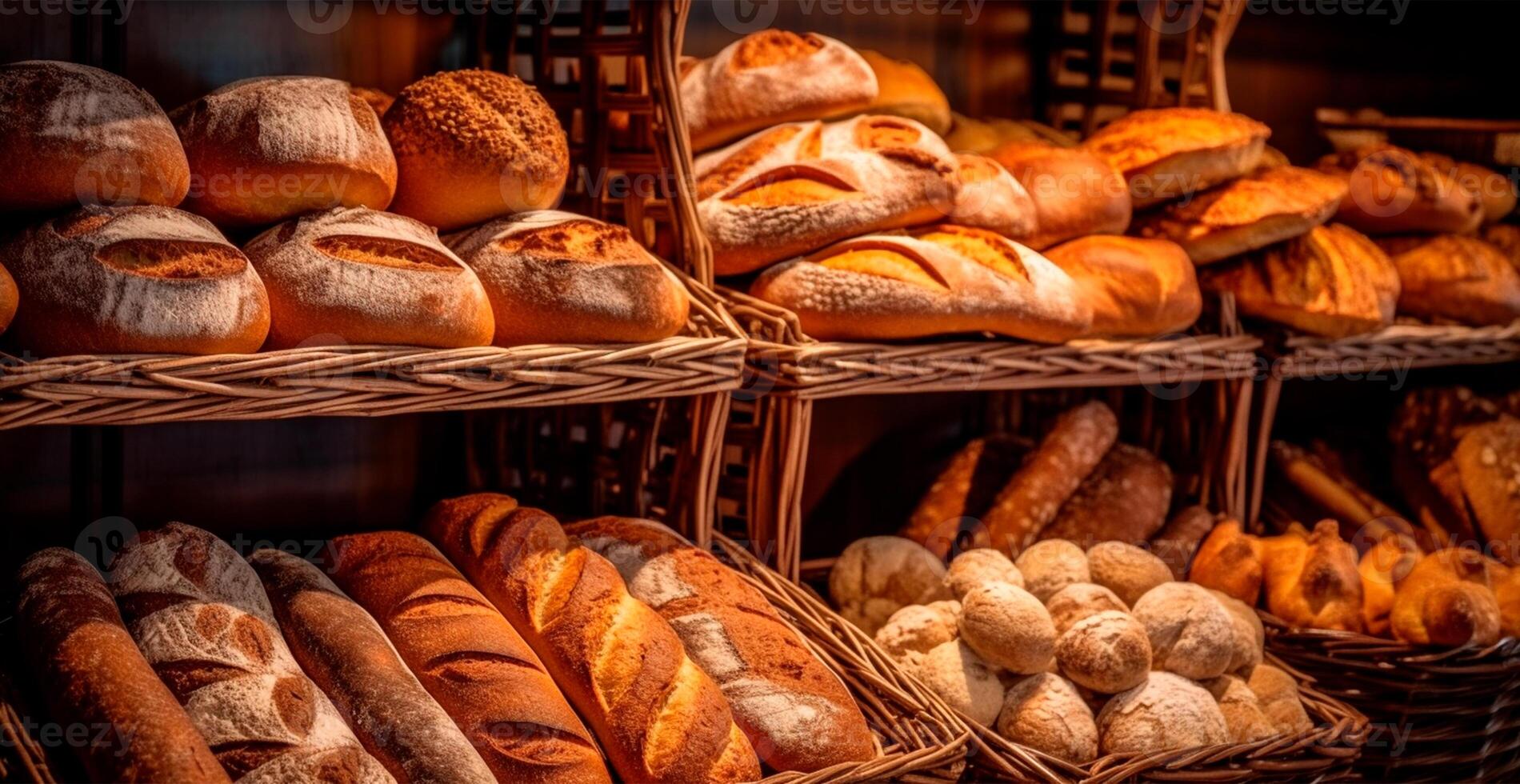 fresco al forno pane su forno vetrina, Grano prodotti - ai generato Immagine foto