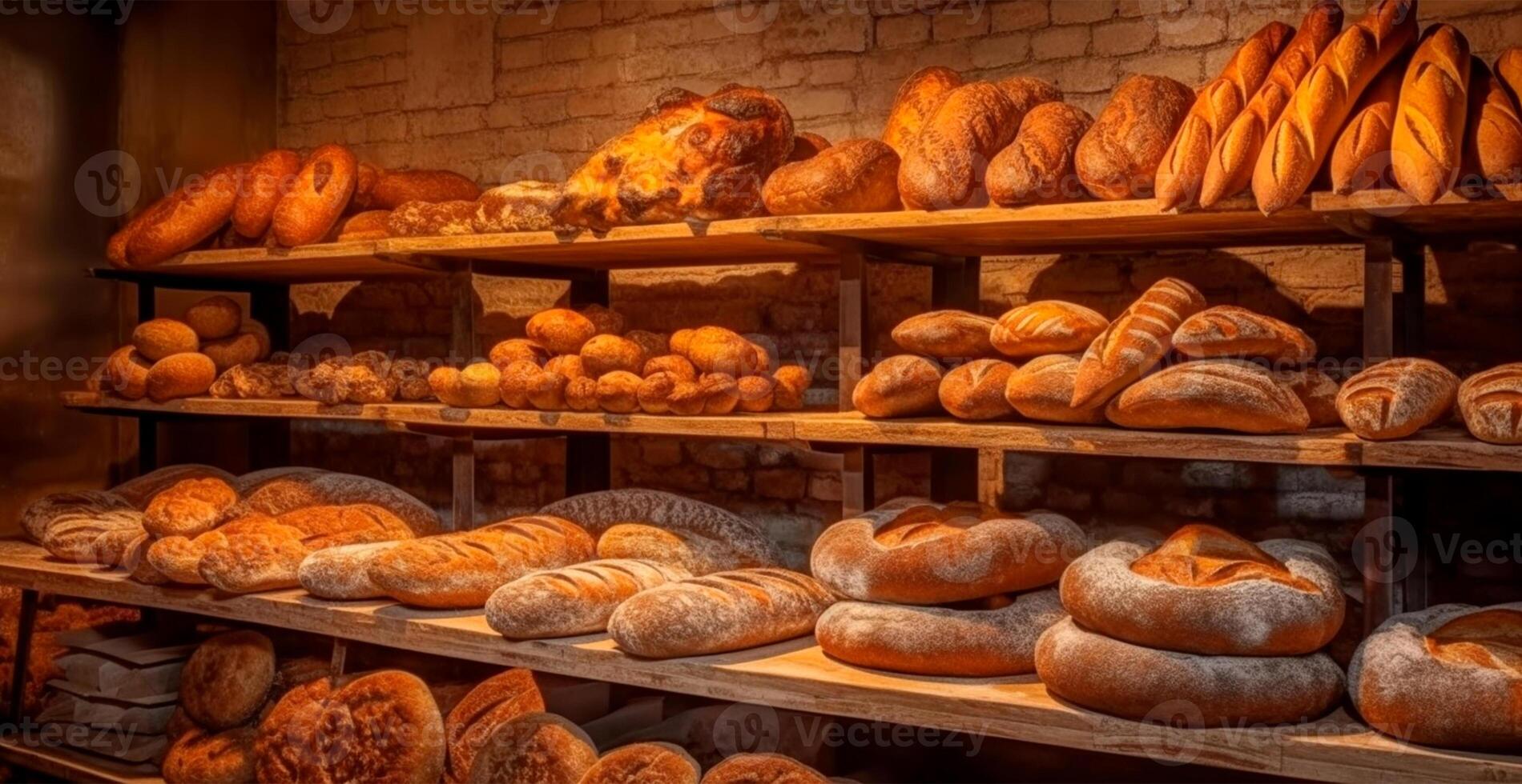 fresco al forno pane su forno vetrina, Grano prodotti - ai generato Immagine foto