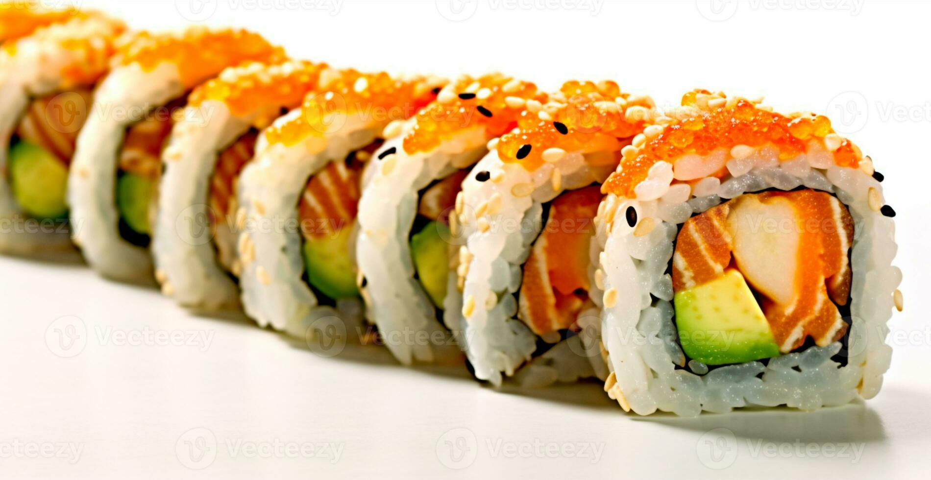 rotoli con salmone, avocado, tonno e cetriolo su un' bianca sfondo. giapponese cucina - ai generato Immagine foto
