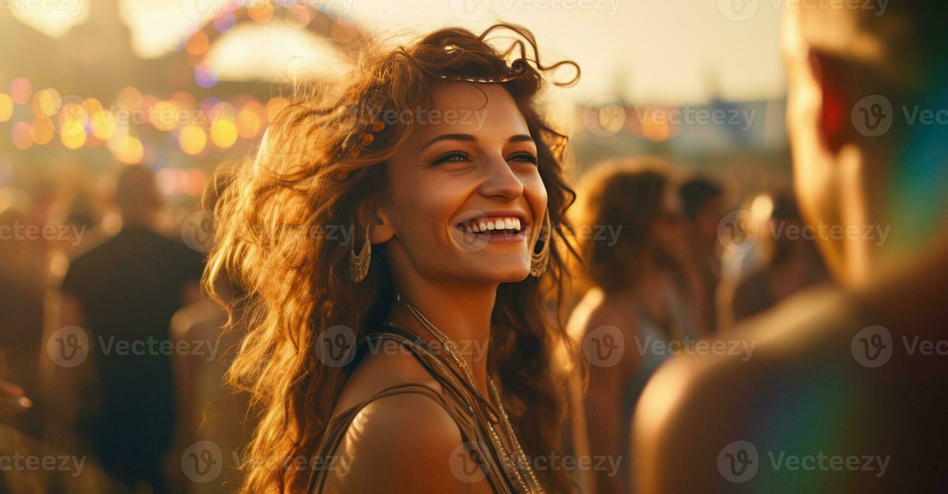 carino donna sorridente a il folla a un' musica Festival illustrazione ai generativo foto