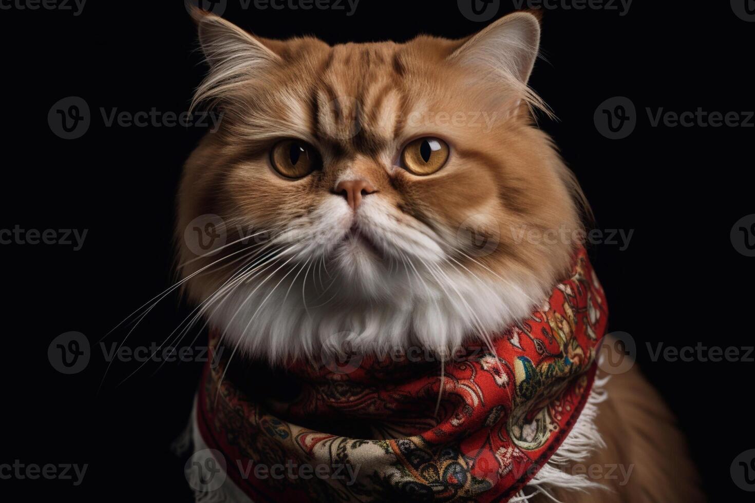 vicino su ritratto di persiano gatto indossare sciarpa su nero sfondo. generativo ai foto