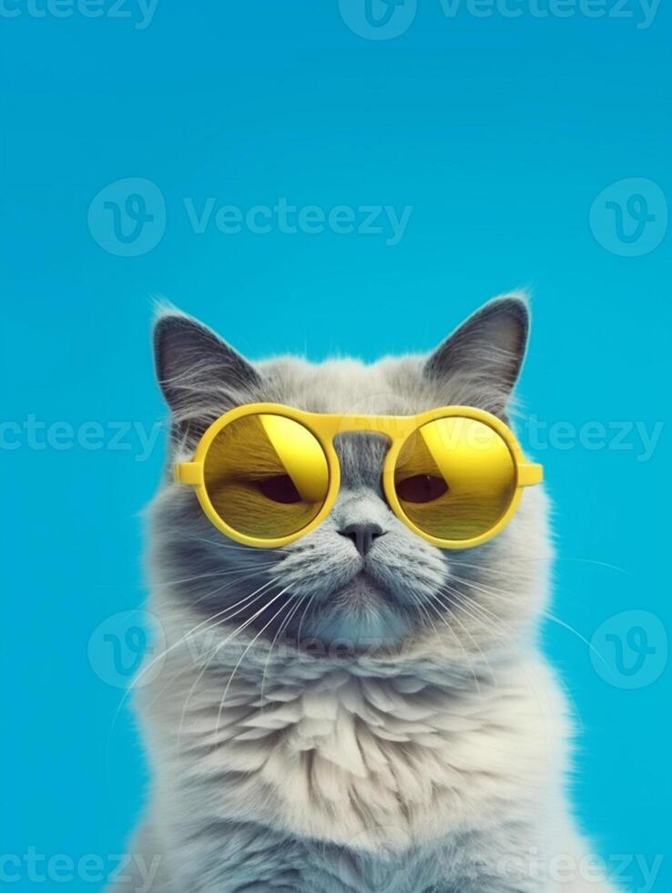 ritratto di un' gatto indossare giallo occhiali da sole su un' blu sfondo. foto