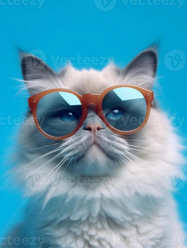 bellissimo bambola di pezza gatto indossare Marrone bicchieri su blu sfondo. generativo ai foto