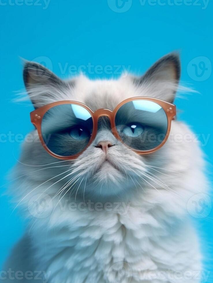 bellissimo bambola di pezza gatto indossare Marrone bicchieri su blu sfondo. generativo ai foto