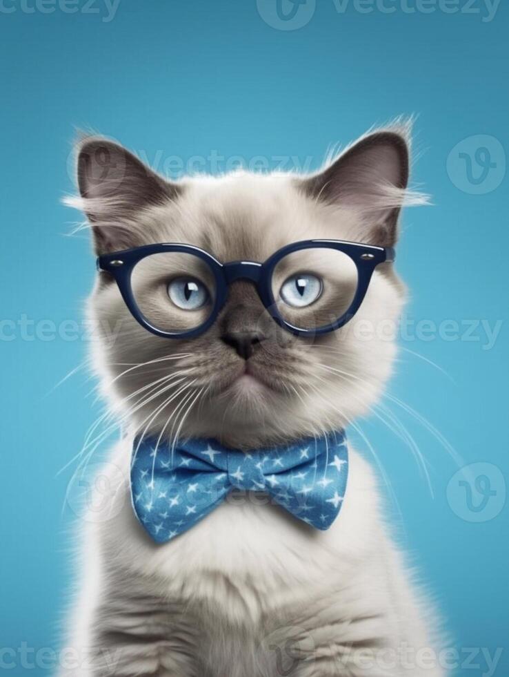 un' carino bambola di pezza gatto indossare bicchieri su blu sfondo. generativo ai foto