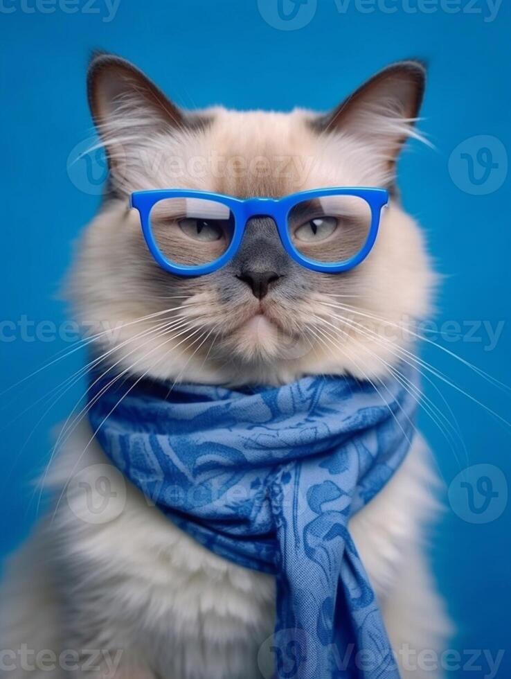 un' carino bambola di pezza gatto indossare bicchieri su blu sfondo. generativo ai foto