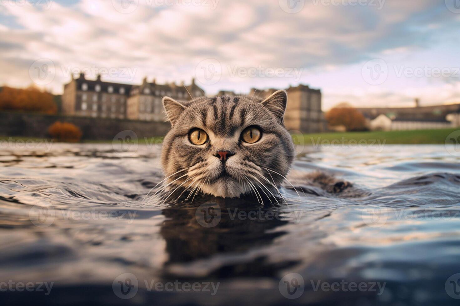 carino gatto nuoto nel nuoto piscina con blu cielo e nuvole sfondo. generativo ai foto