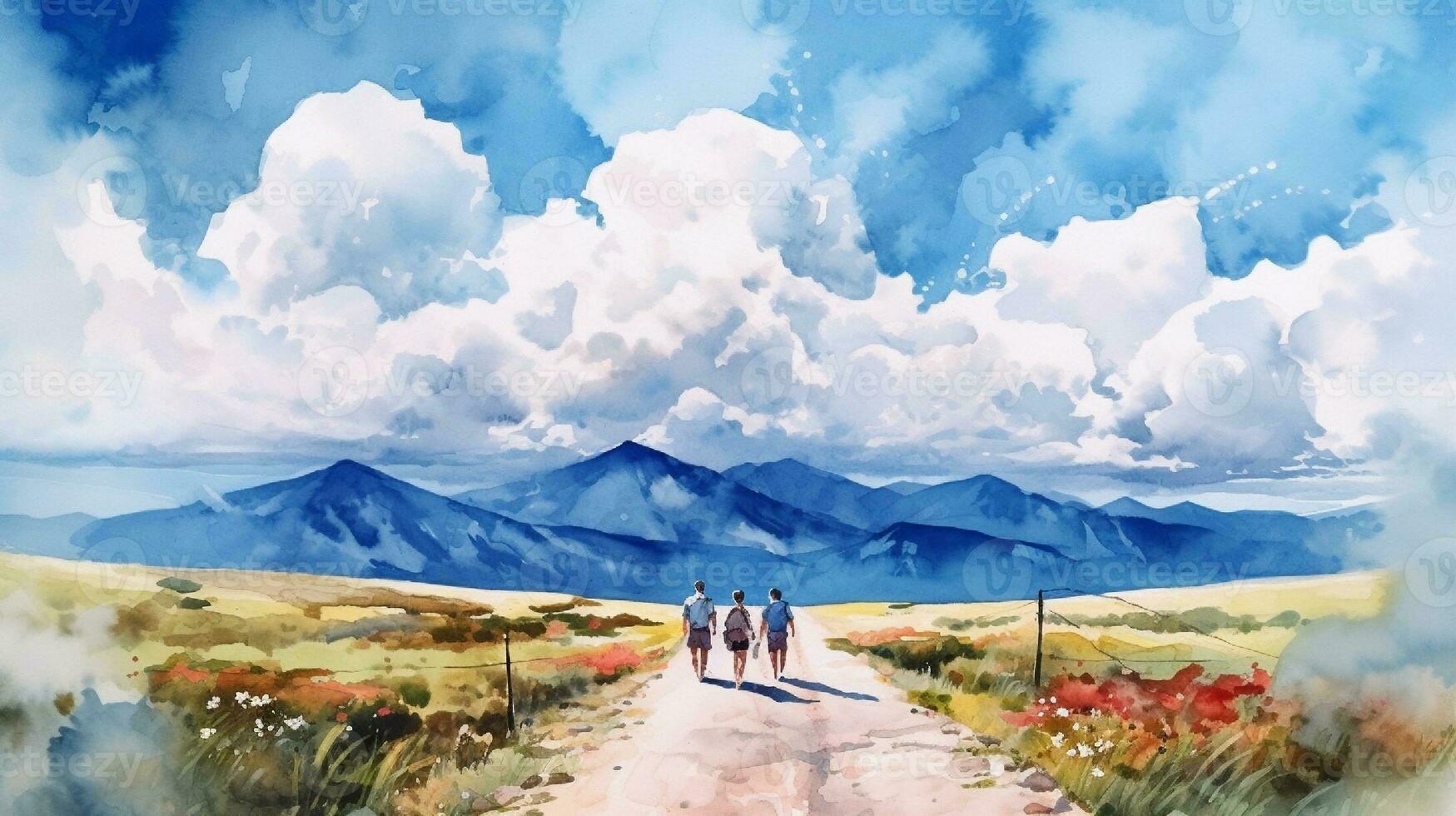 digitale acquerello pittura di un' gruppo di escursionisti a piedi su un' montagna sentiero. generativo ai foto