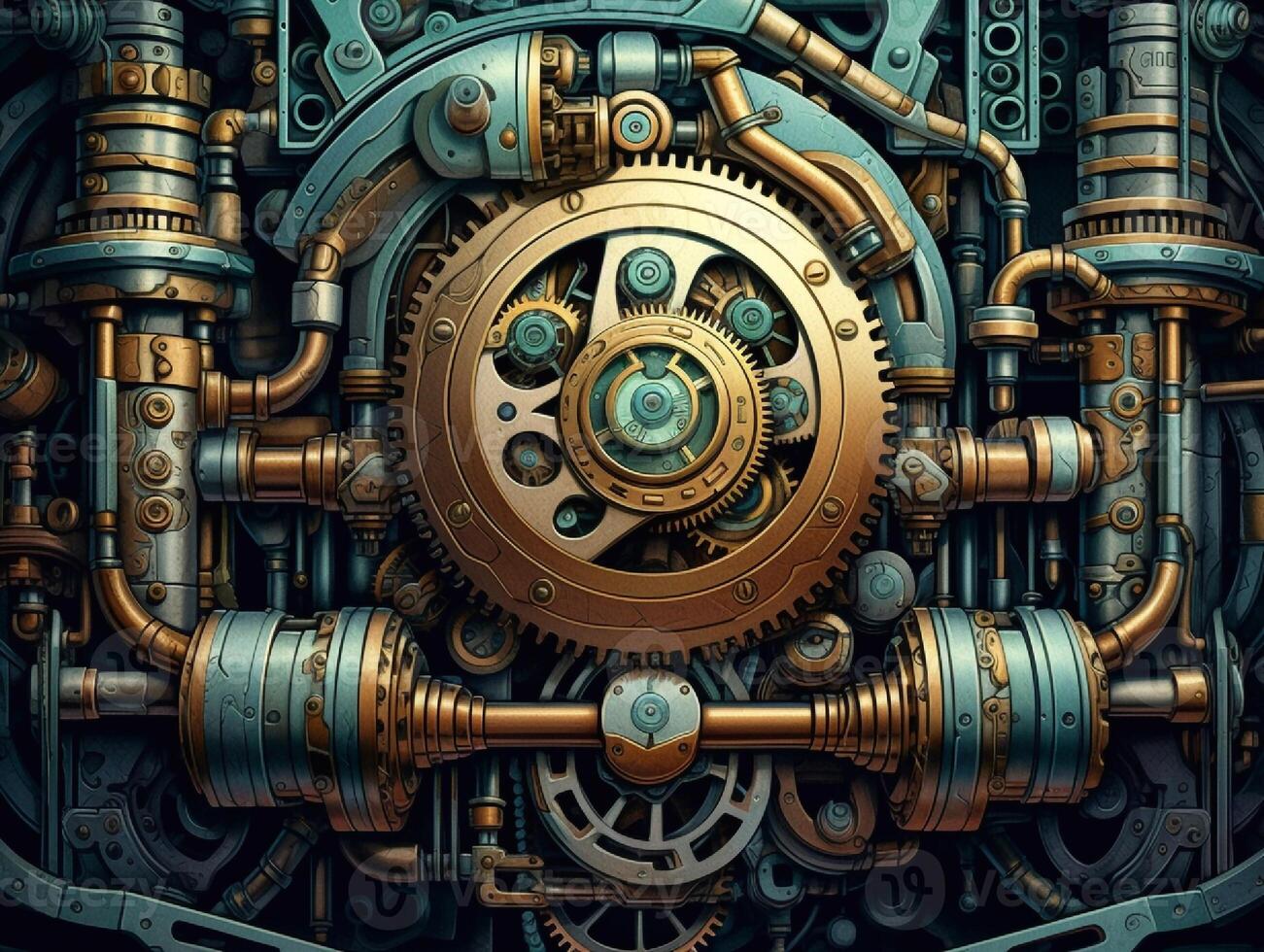 steampunk meccanismo con ingranaggi e ruote dentate su un' buio sfondo foto