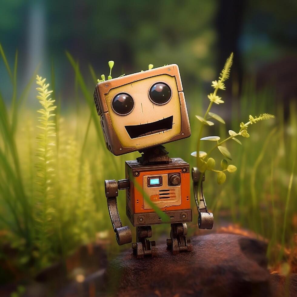 Vintage ▾ robot nel il foresta. 3d illustrazione. retrò robot. generativo ai foto