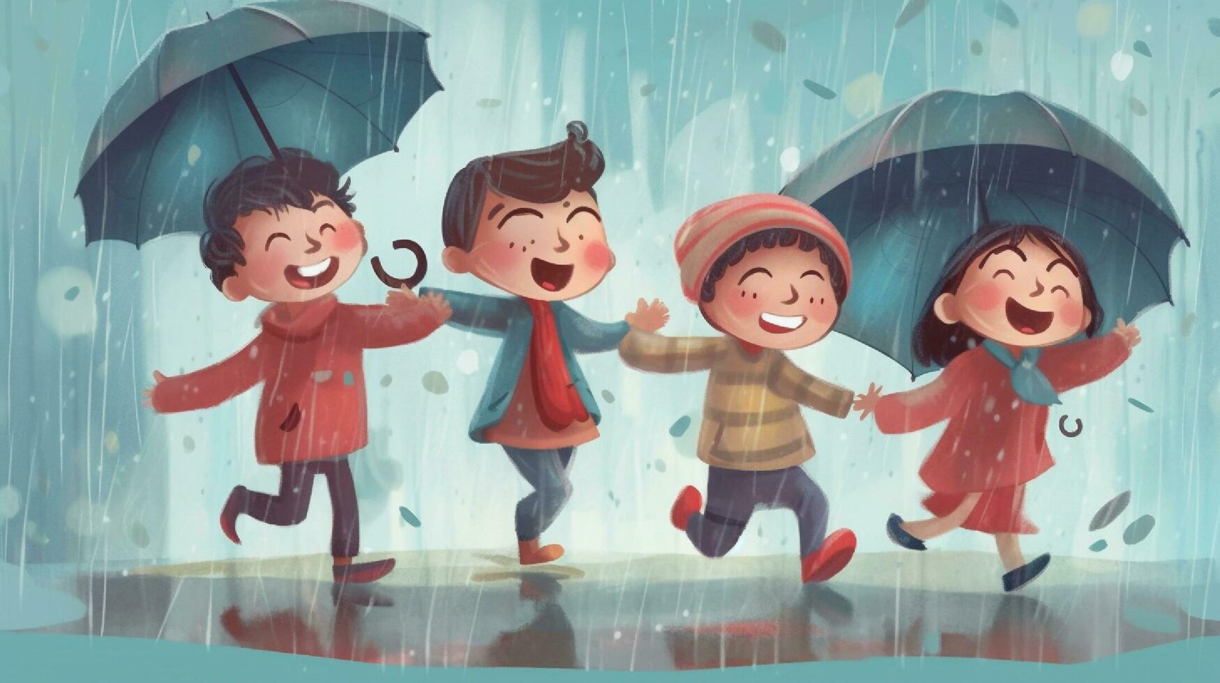 acquerello illustrazione di un felice bambini a piedi nel il pioggia. acquerello sfondo. generativo ai foto