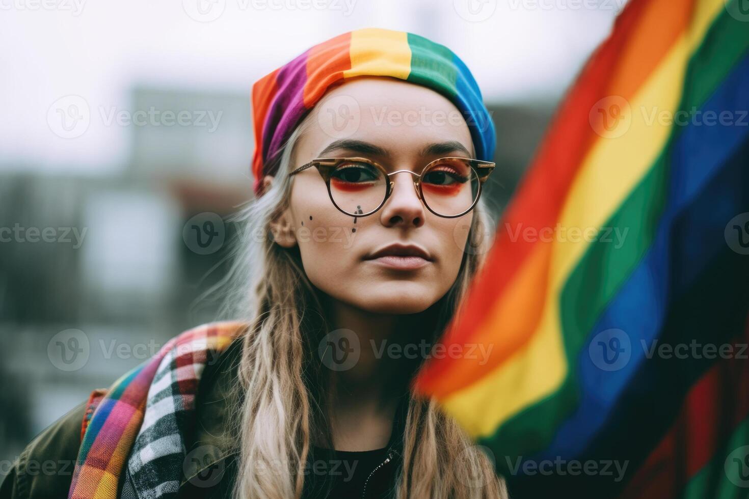 contento giovane donna Tenere LGBTQ bandiera al di sopra di testa. ai generativo foto