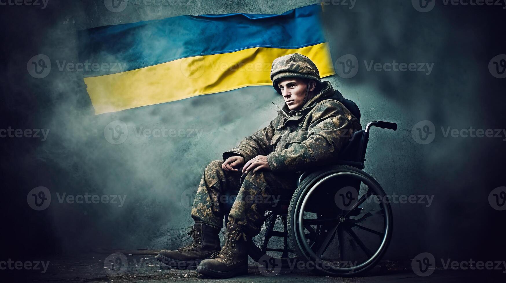 ritratto di un' uomo nel un' sedia a rotelle con un' bandiera di Ucraina. conseguenze di un' spietato guerra con Russia. generativo ai. foto