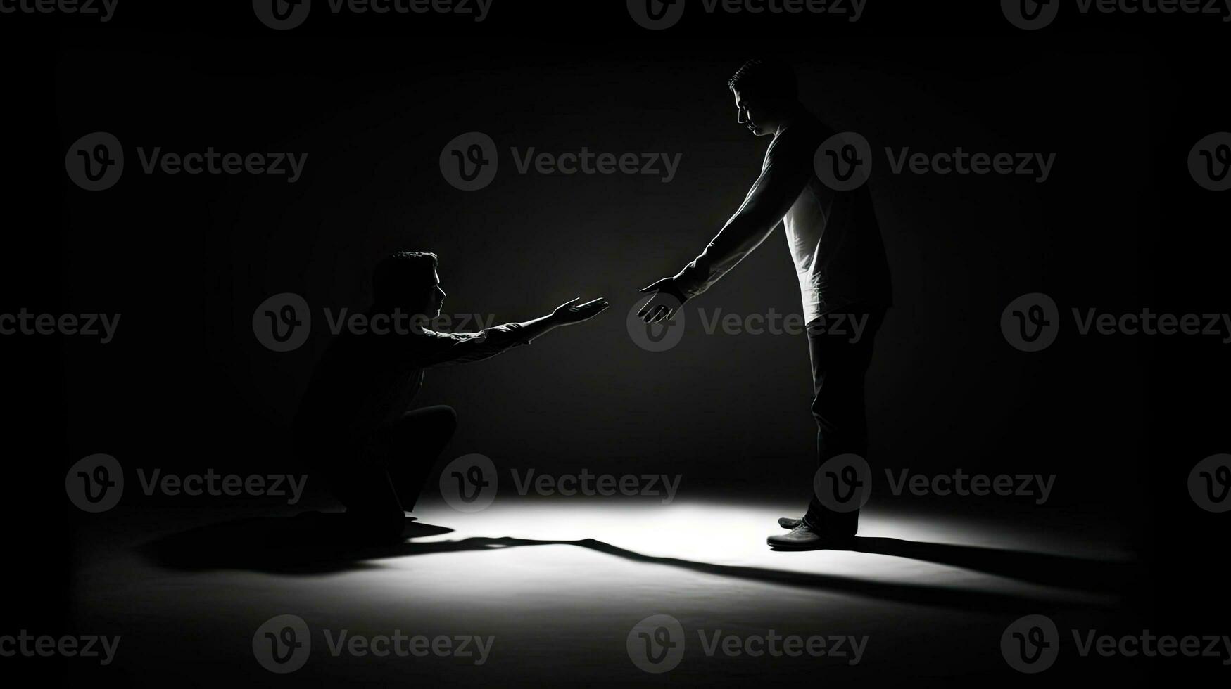 silhouette di un' uomo con un altro uno nel buio camera. dando mano di aiuto. generativo ai. foto