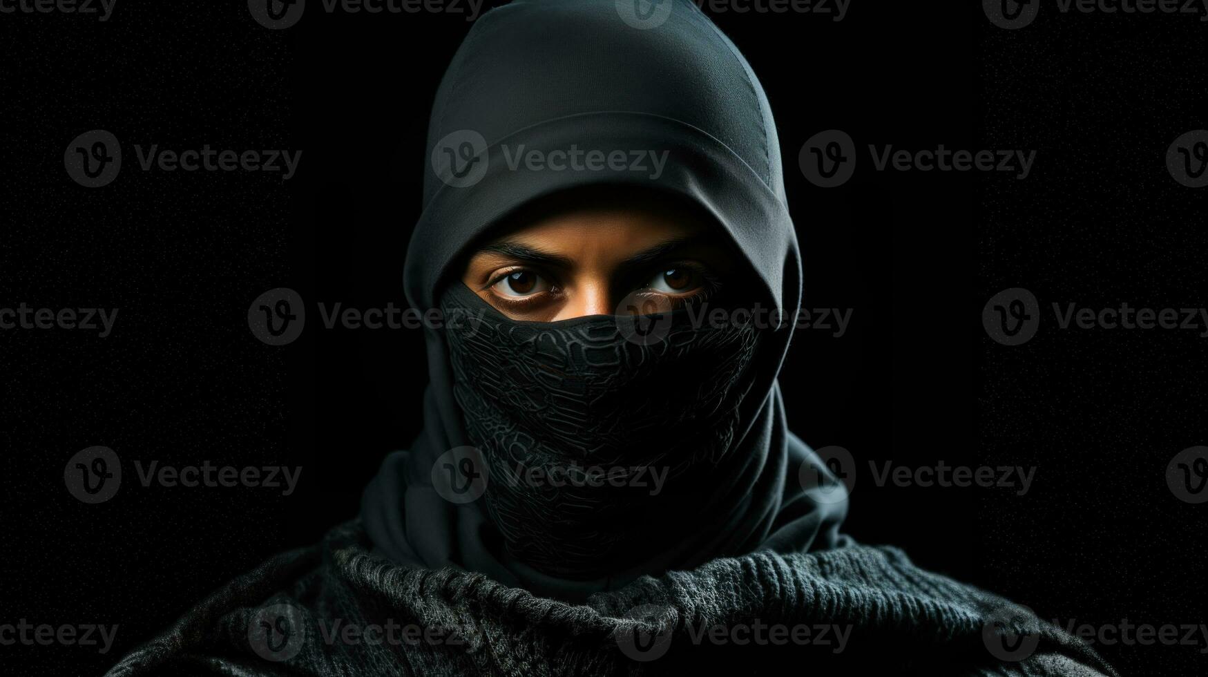 penale indossare nero Balaclava e felpa con cappuccio nel il buio sfondo. generativo ai. foto