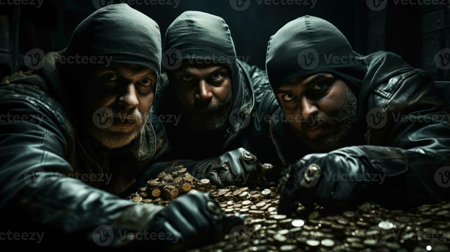 pericoloso gruppo di uomini nel il buio con un' lotto di oro monete i soldi. generativo ai. foto