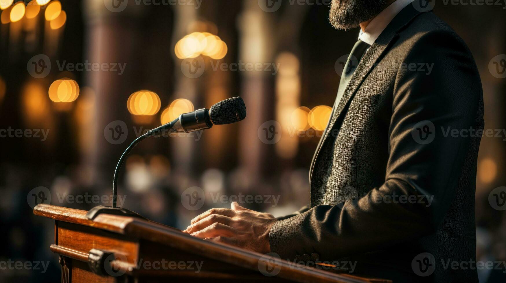 avvicinamento di un' politico uomo nel un' completo da uomo dando un' discorso a il conferenza sala a partire dal dietro a il pulpito. generativo ai. foto