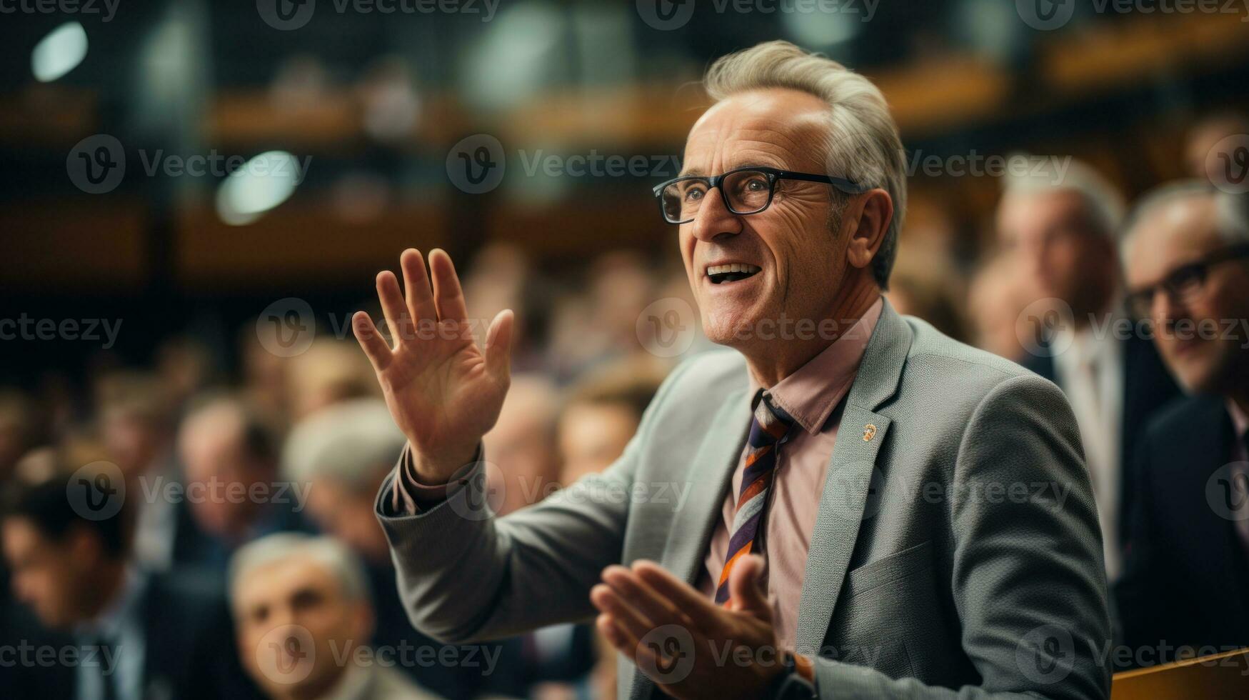 anziano politico maschio partecipando nel un' conferenza. generativo ai. foto