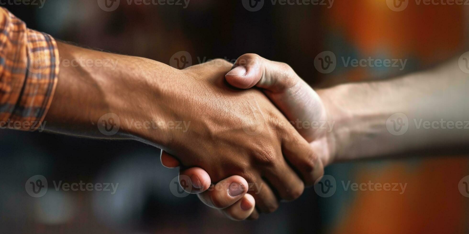 vicino su di il esistente stretta di mano. il concetto di il stretta di mano processi di Due uomini d'affari. riuscito transazione dopo il incontro. generativo ai foto