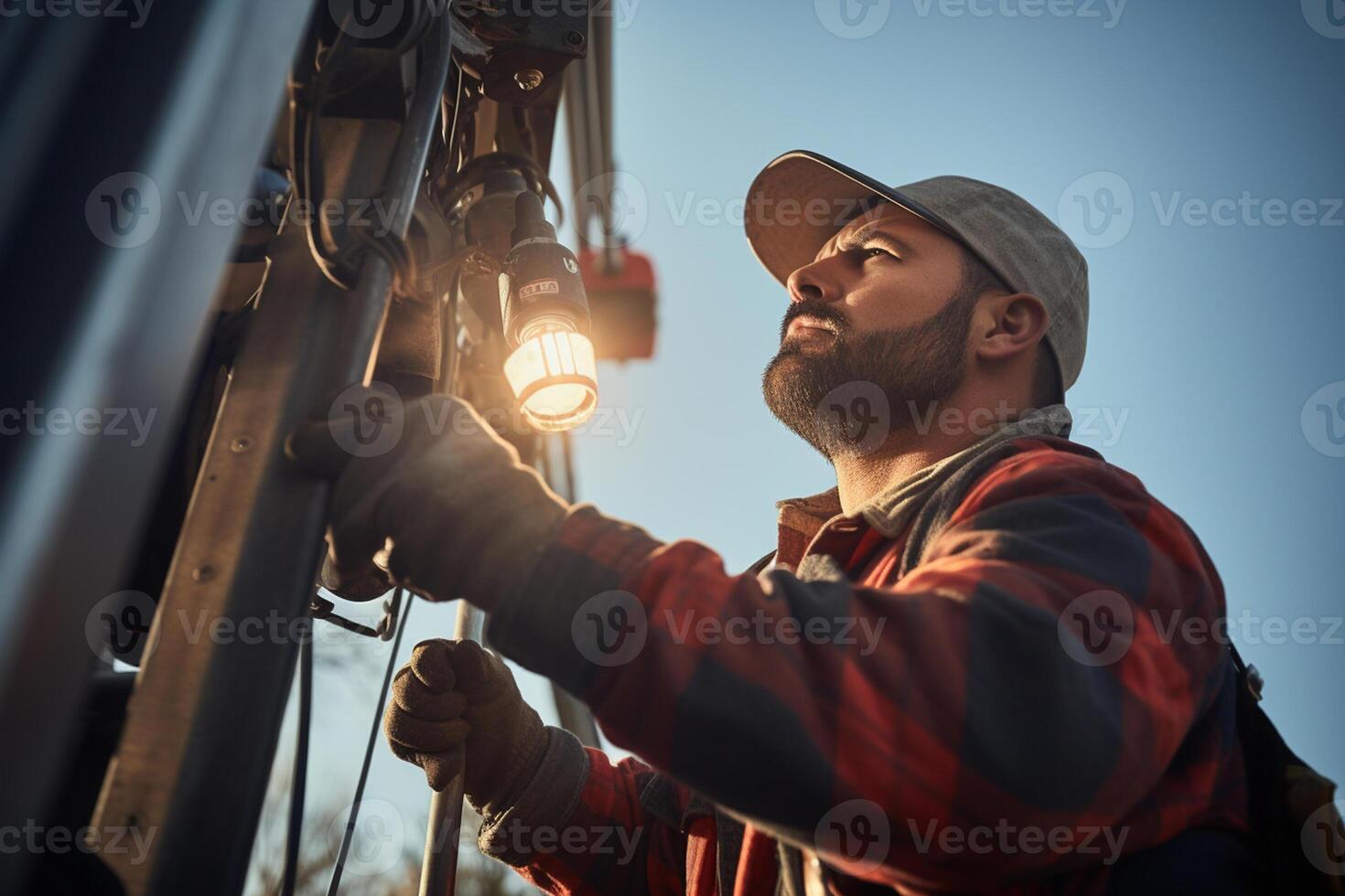 un' elettricista fissaggio energia polo con generativo ai foto