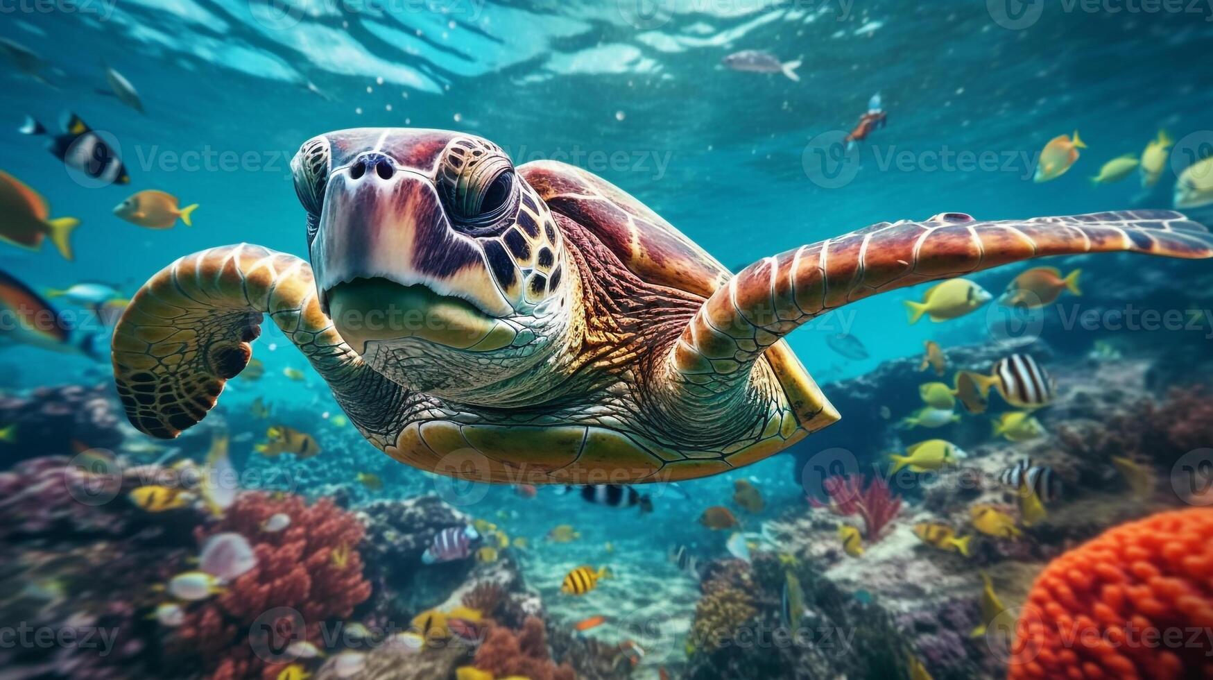 tartaruga vita nel il corallo scogliera, animali di il subacqueo mare mondo, generativo ai foto