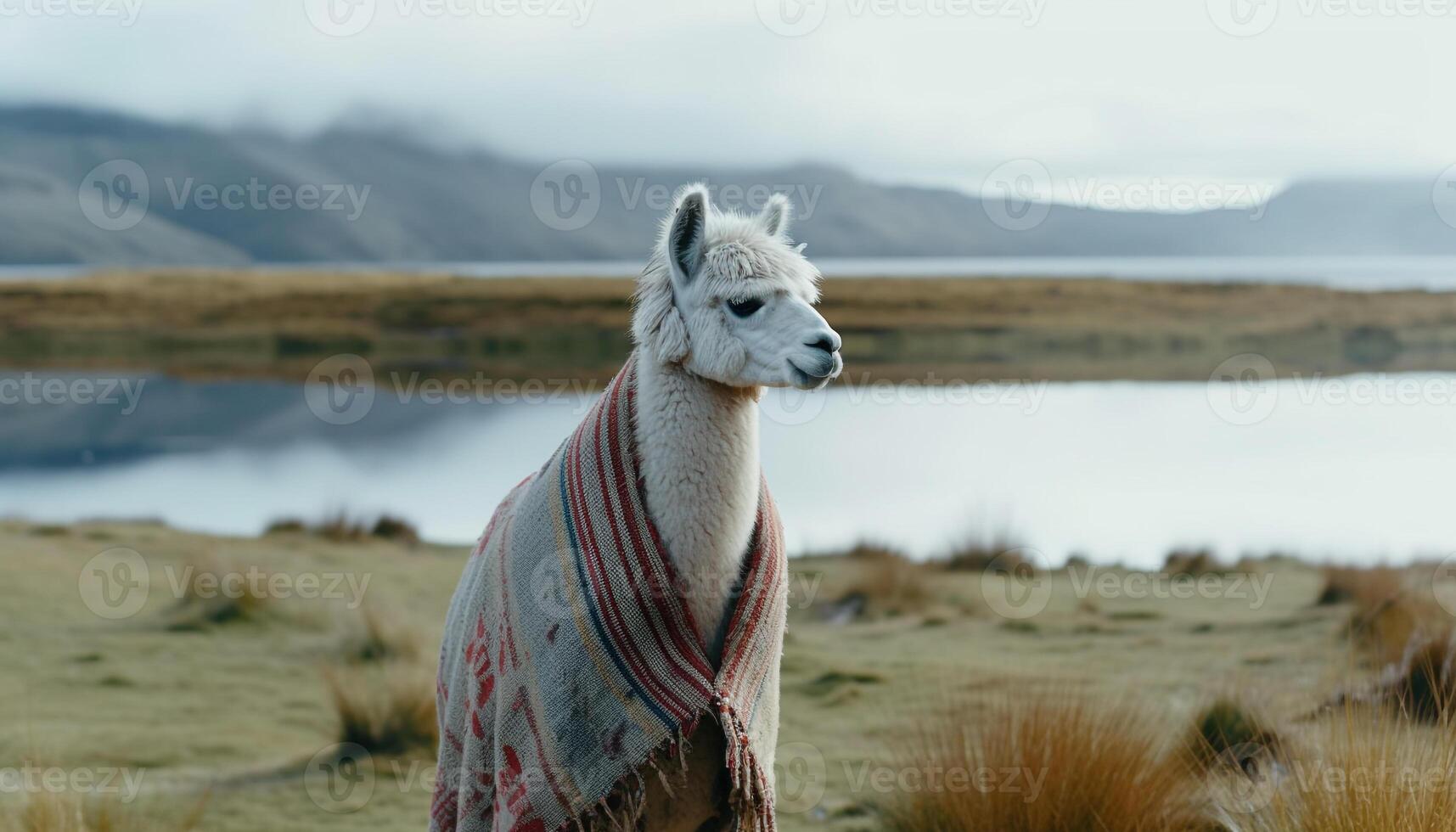 carino alpaca sta nel tranquillo montagna prato generato di ai foto