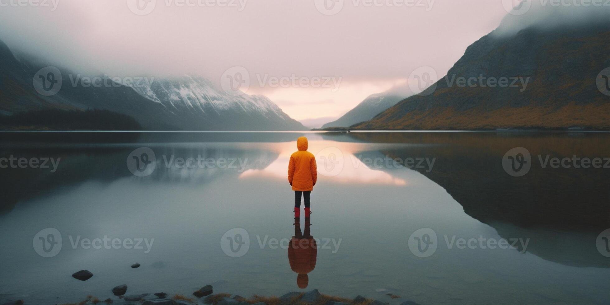 uomo lago capo giallo natura acqua montagna solo indietro escursioni a piedi viaggio. generativo ai. foto