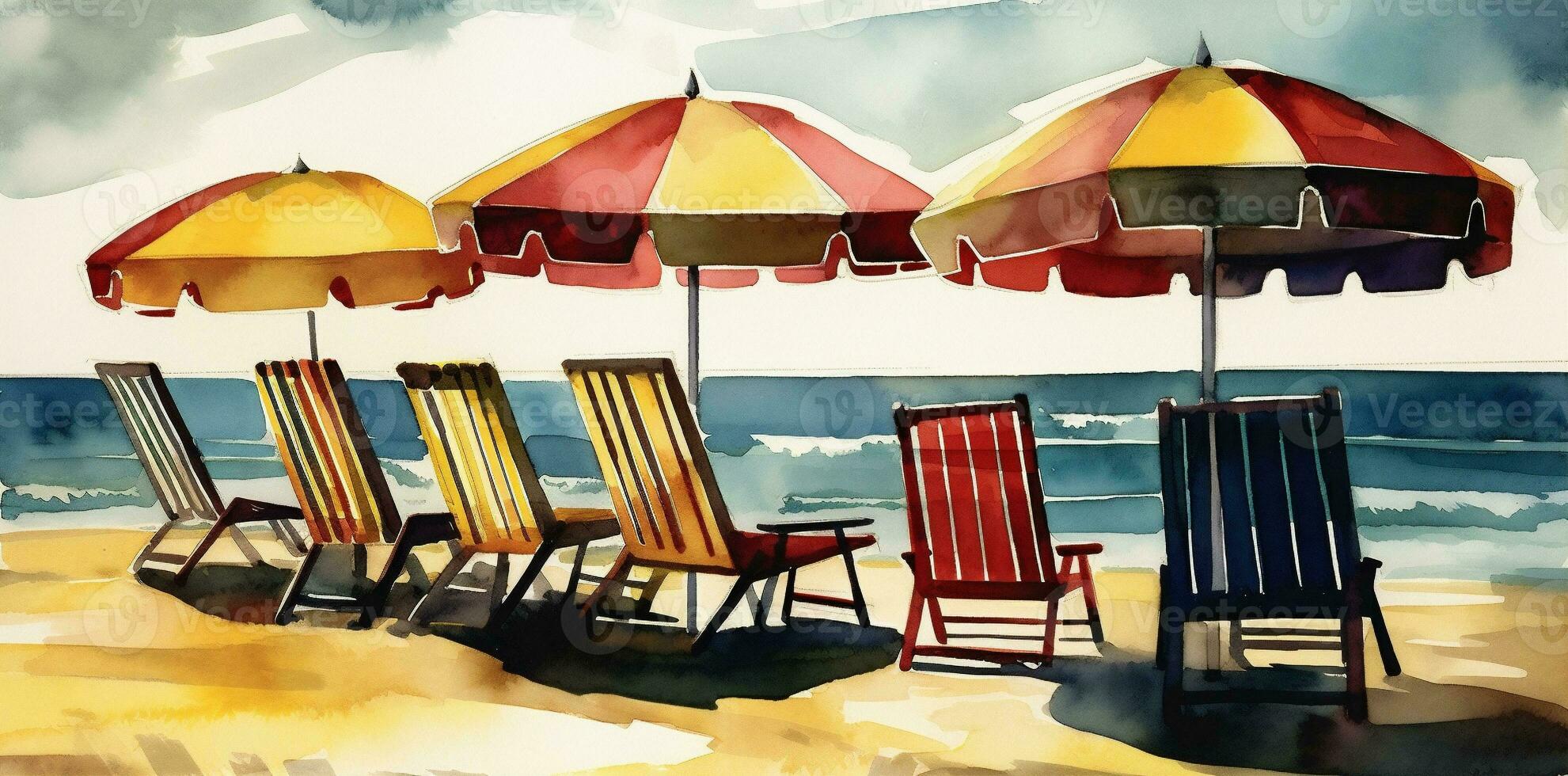 caraibico acquerello ombrello ricorrere riposo sedia rilassare estate spiaggia sfondo vacanza. generativo ai. foto