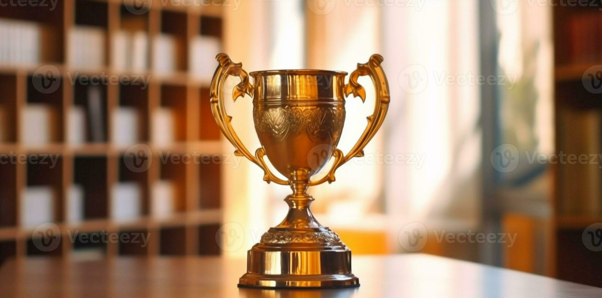 biblioteca concorrenza bokeh oro celebrazione campione premio tazza premio trofeo. generativo ai. foto