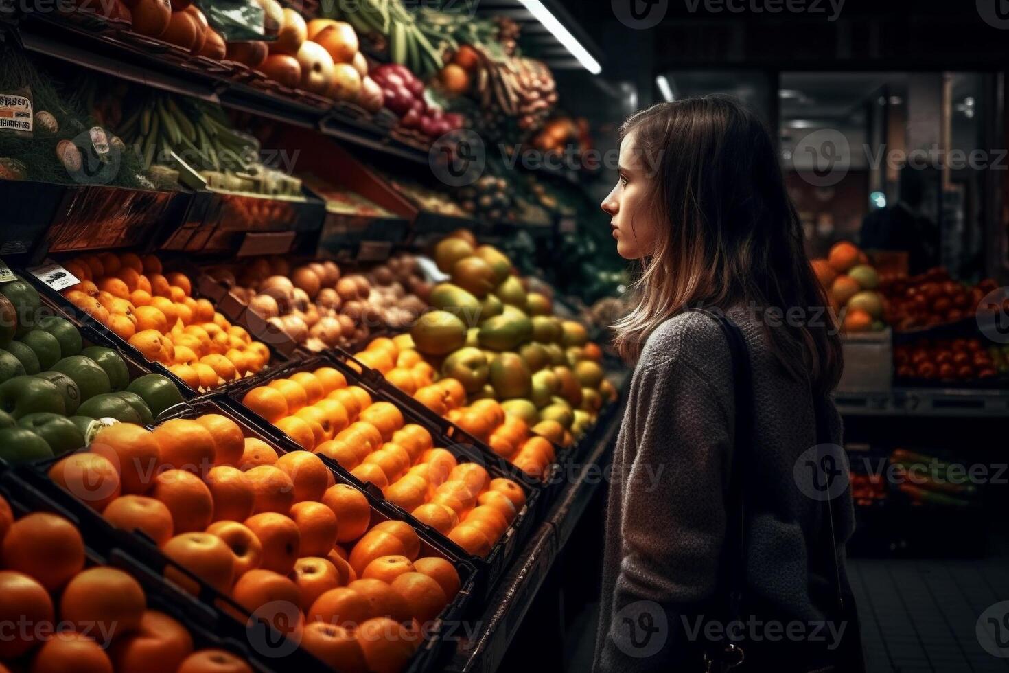 salutare donna verdura memorizzare stile di vita mercato cibo shopping frutta drogheria notte. generativo ai. foto