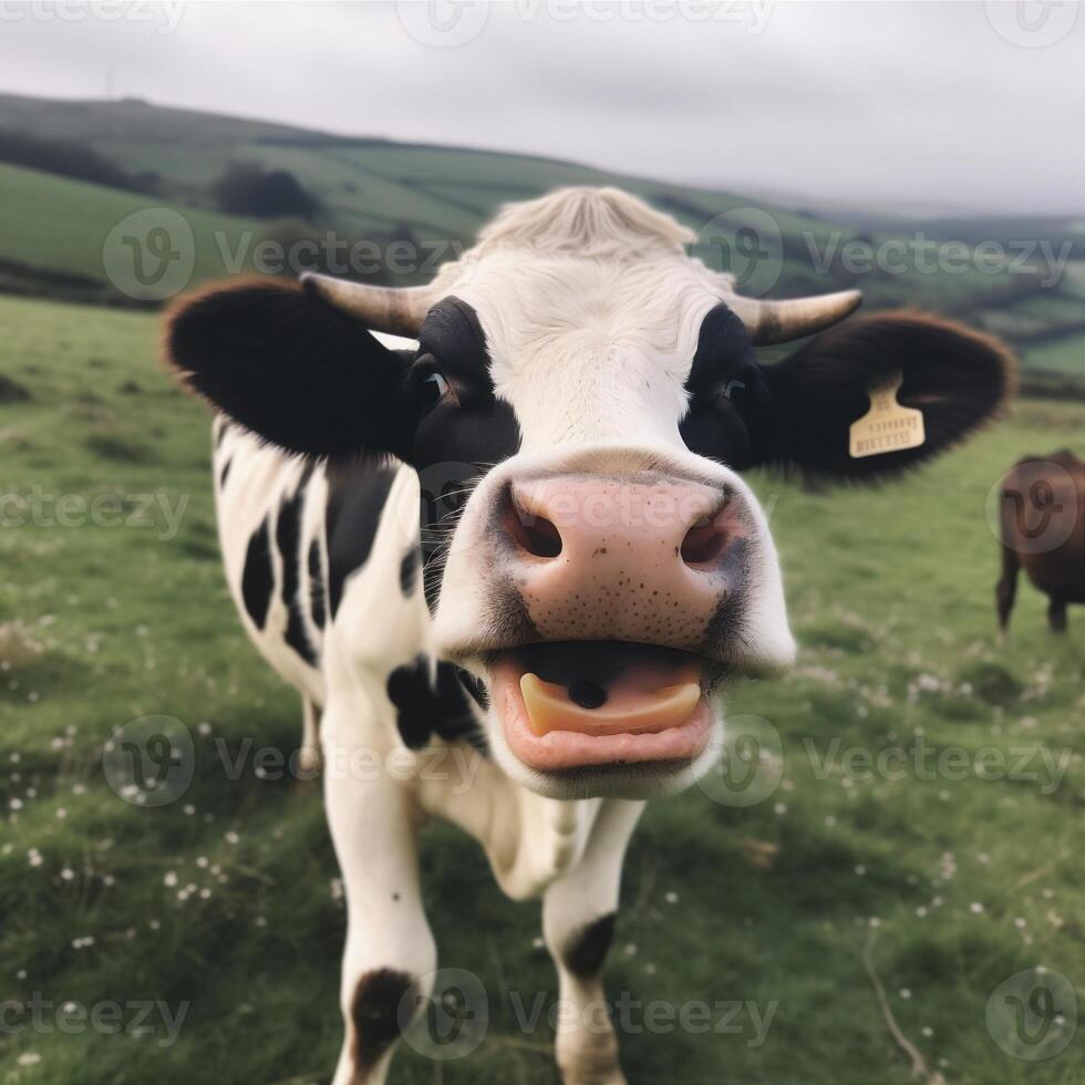 pascolo Sorridi bestiame ritratto mucca campo rurale testa avvicinamento animale. generativo ai. foto