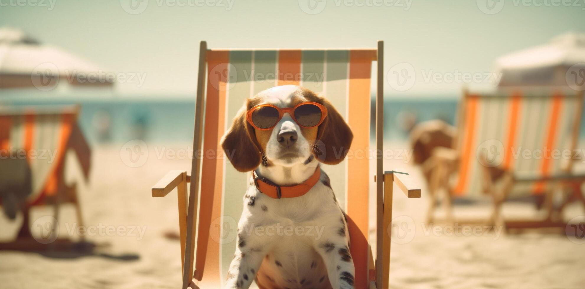 cane vacanza divertente animale domestico pigro estate occhiali da sole spiaggia sedia relax. generativo ai. foto