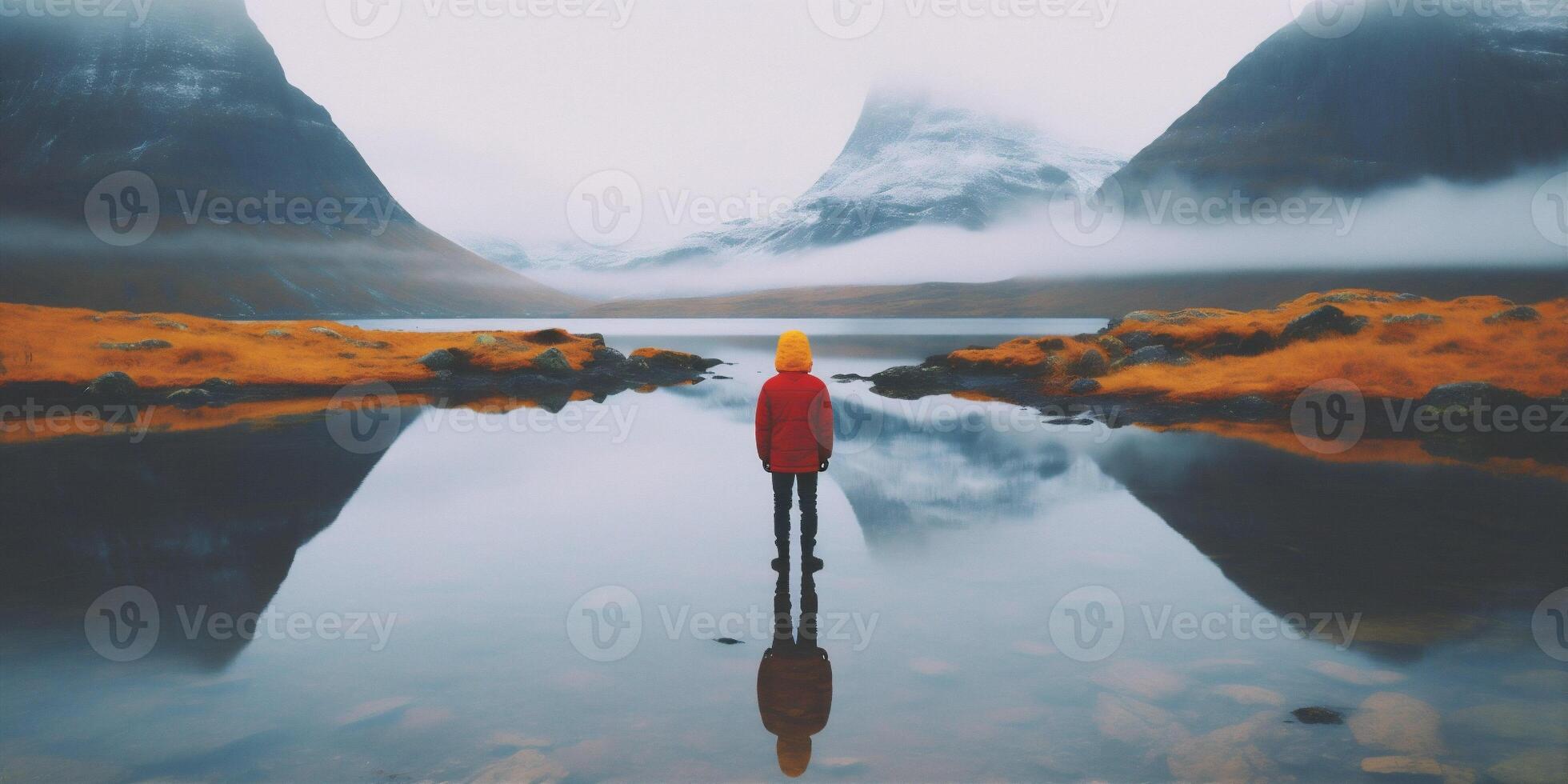 indietro uomo escursioni a piedi viaggio capo lago giallo acqua montagna stile di vita natura. generativo ai. foto