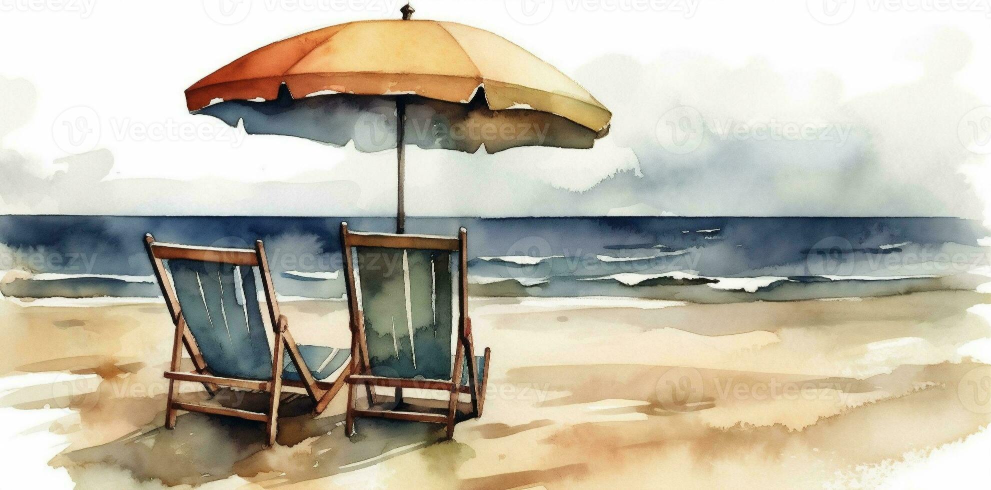 spiaggia ombrello sedia riposo acquerello estate turismo ricorrere giro rilassare sfondo vacanza. generativo ai. foto