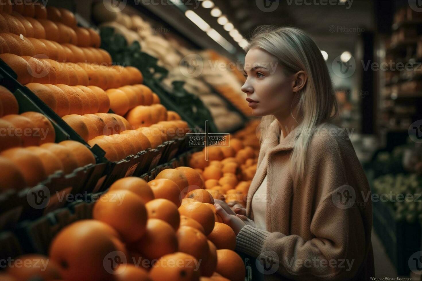 donna drogheria shopping verdura memorizzare la scelta frutta salutare cibo mercato notte. generativo ai. foto