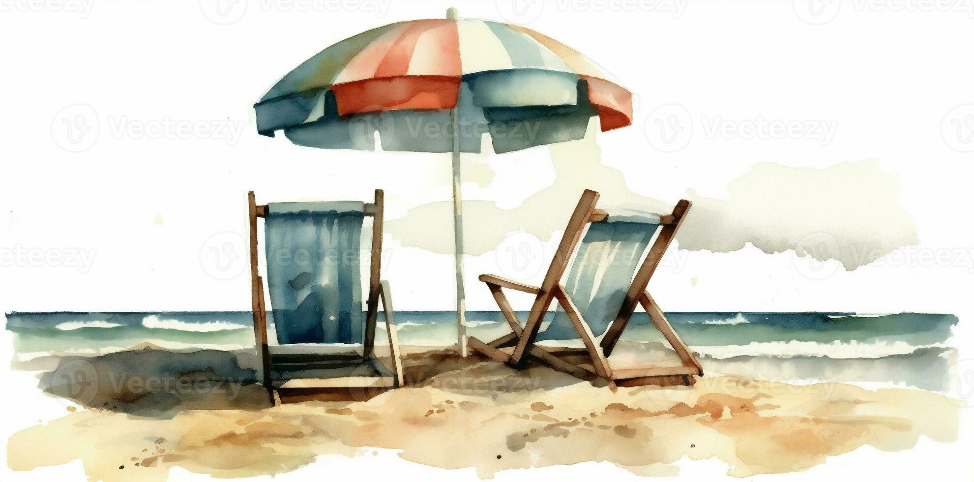 riposo soleggiato acquerello estate ombrello ricorrere rilassare sfondo sedia vacanza spiaggia. generativo ai. foto