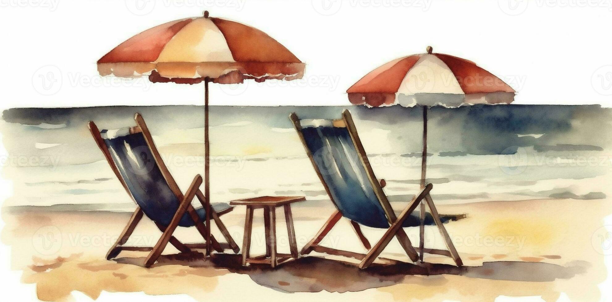 riposo sfondo spiaggia ombrello estate ricorrere sedia lettino vacanza acquerello relax. generativo ai. foto