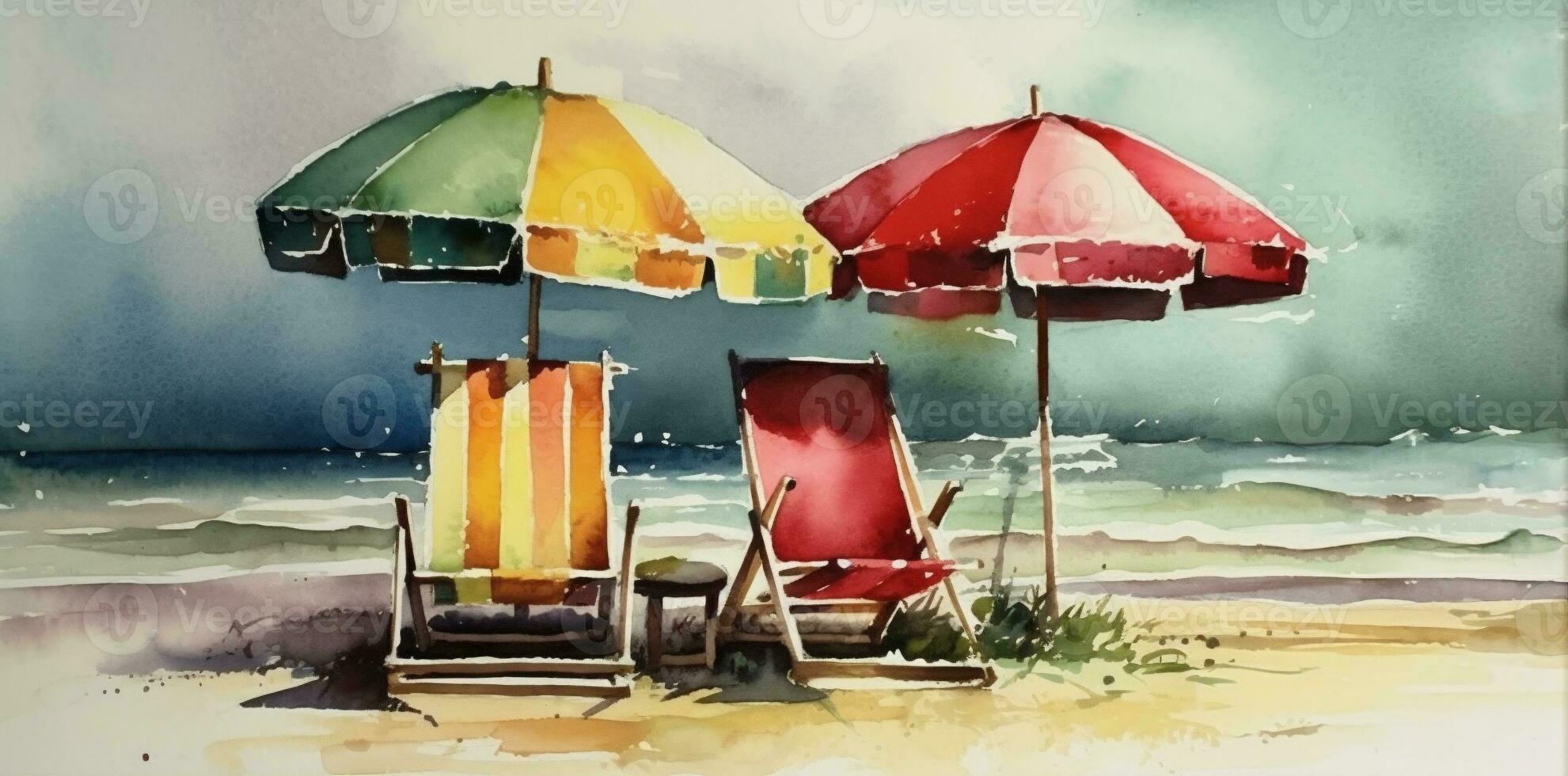 tropicale acquerello sfondo vacanza sedia ombrello ricorrere spiaggia estate rilassare riposo. generativo ai. foto