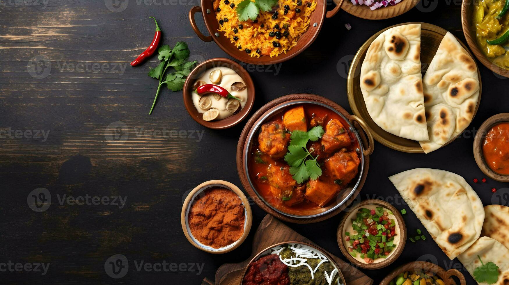 indiano etnico cibo buffet su buio calcestruzzo tavolo a partire dal superiore Visualizza. ai generato foto
