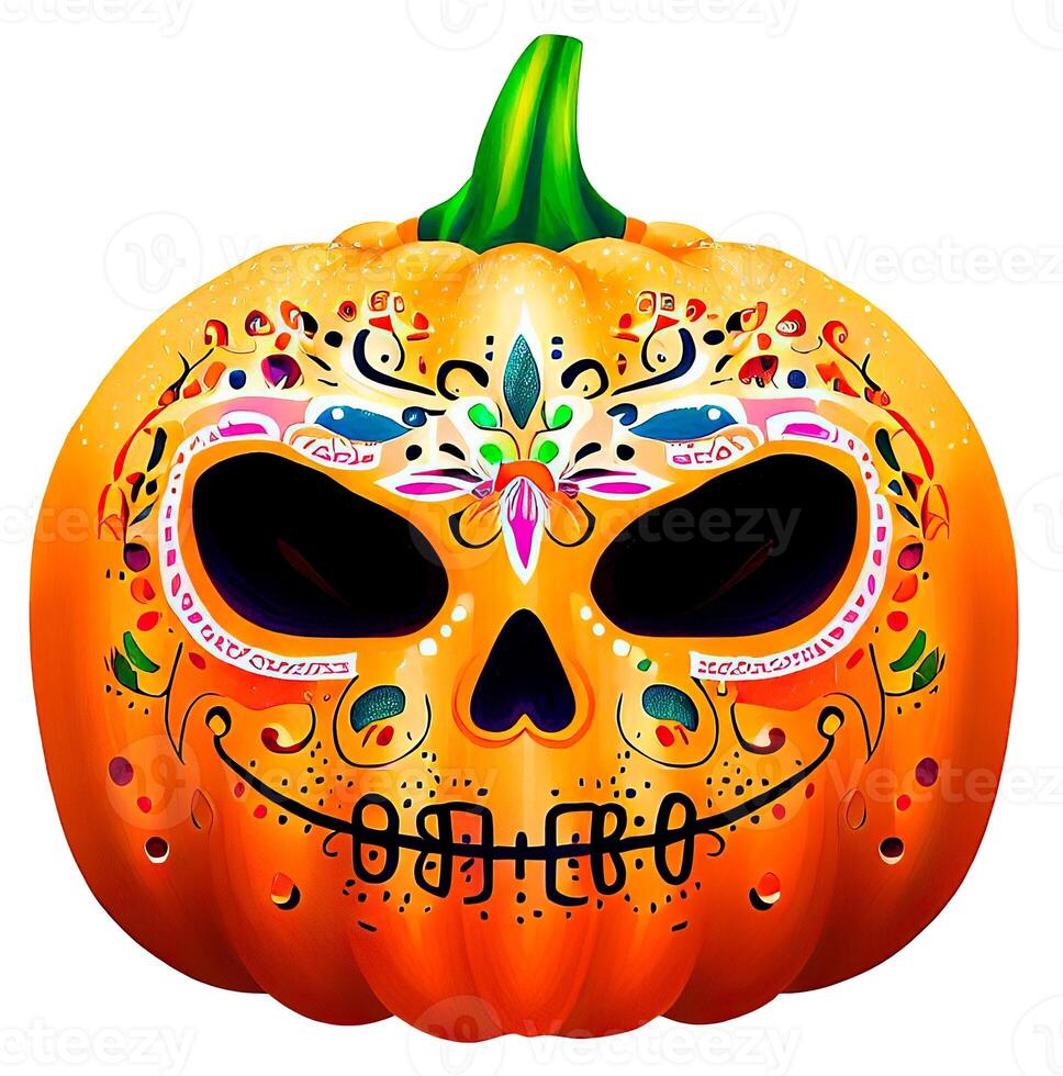 decorato Halloween zucca nel il stile di zucchero cranio isolato su bianca sfondo. ai generativo foto