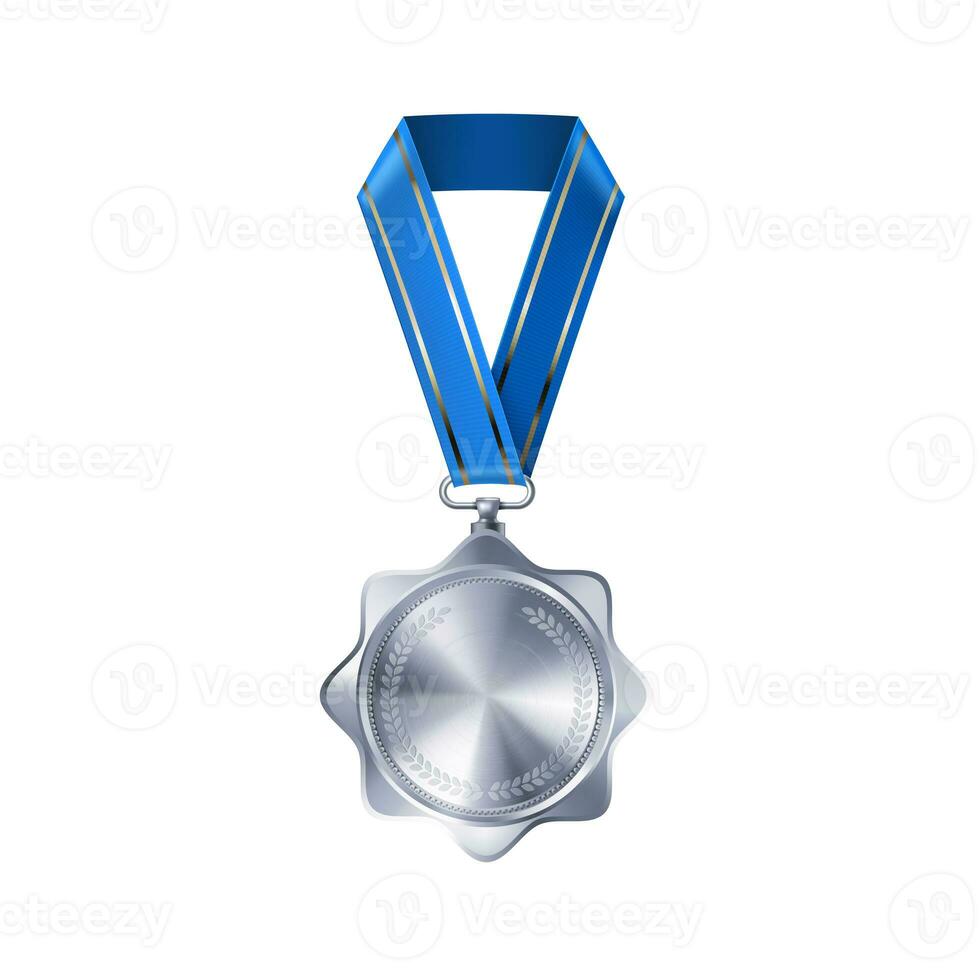realistico argento vuoto medaglia su blu nastro. gli sport concorrenza premi per secondo posto. campionato ricompensa per vittorie e realizzazioni foto